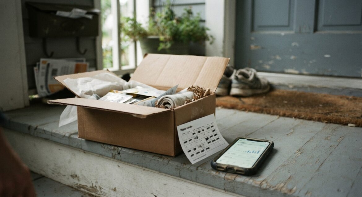 An open subscription box on a doorstep with a shipping calendar and phone showing an account dashboard nearby