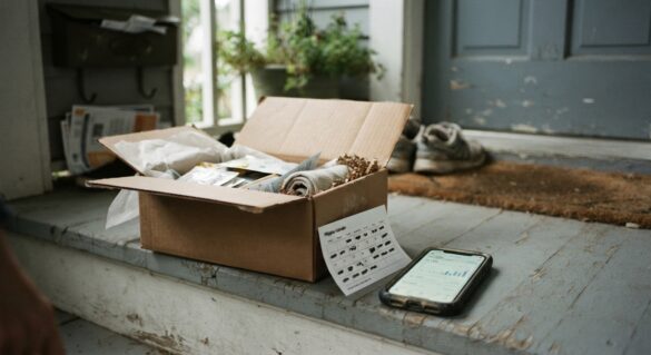 An open subscription box on a doorstep with a shipping calendar and phone showing an account dashboard nearby