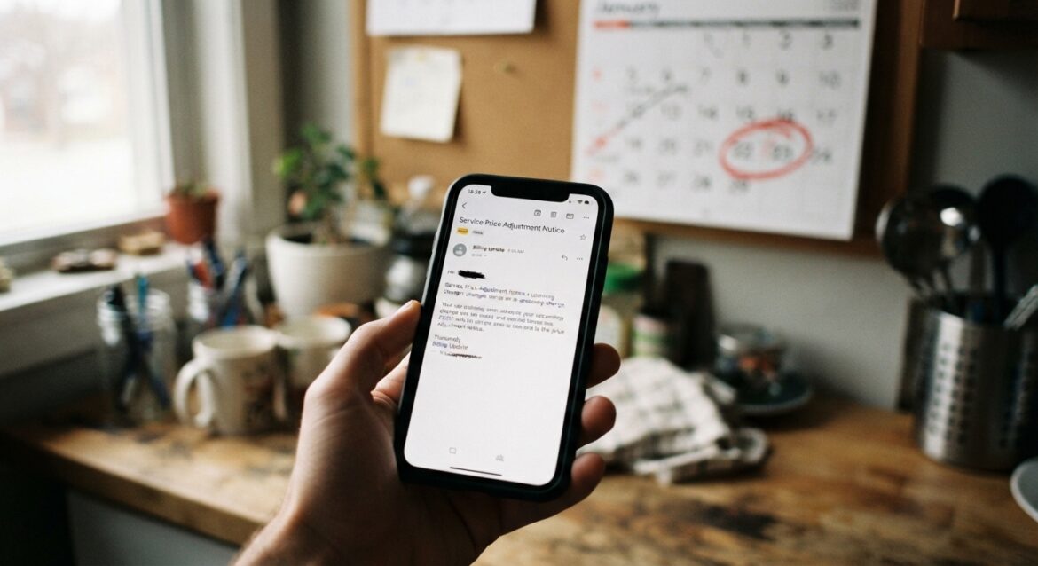 a close-up of a phone showing a price increase email notification with a calendar visible in the background showing a nearing date circled