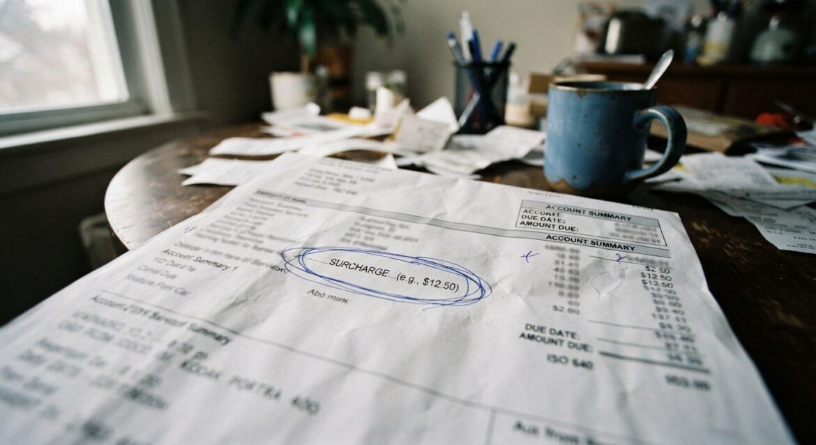 A close-up of a utility or service bill with a surcharge line item circled in pen