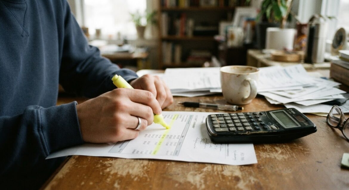 A hand highlighting a per-seat pricing line on a family plan billing statement with a calculator nearby