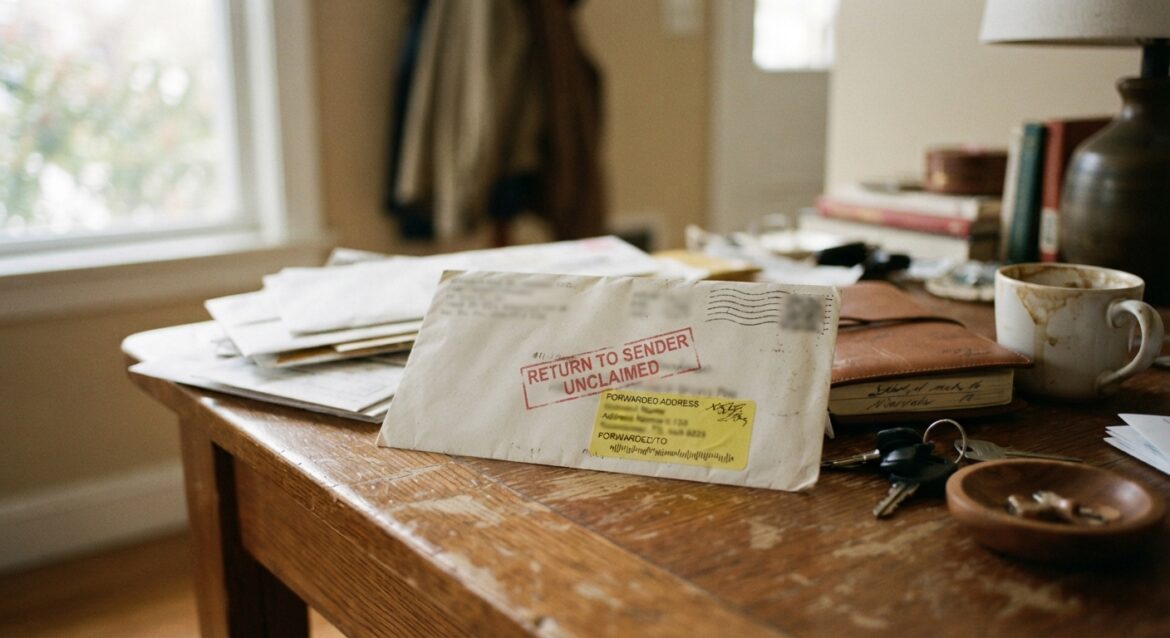 An envelope with a forwarding sticker and 'return to sender' stamp on a mail table