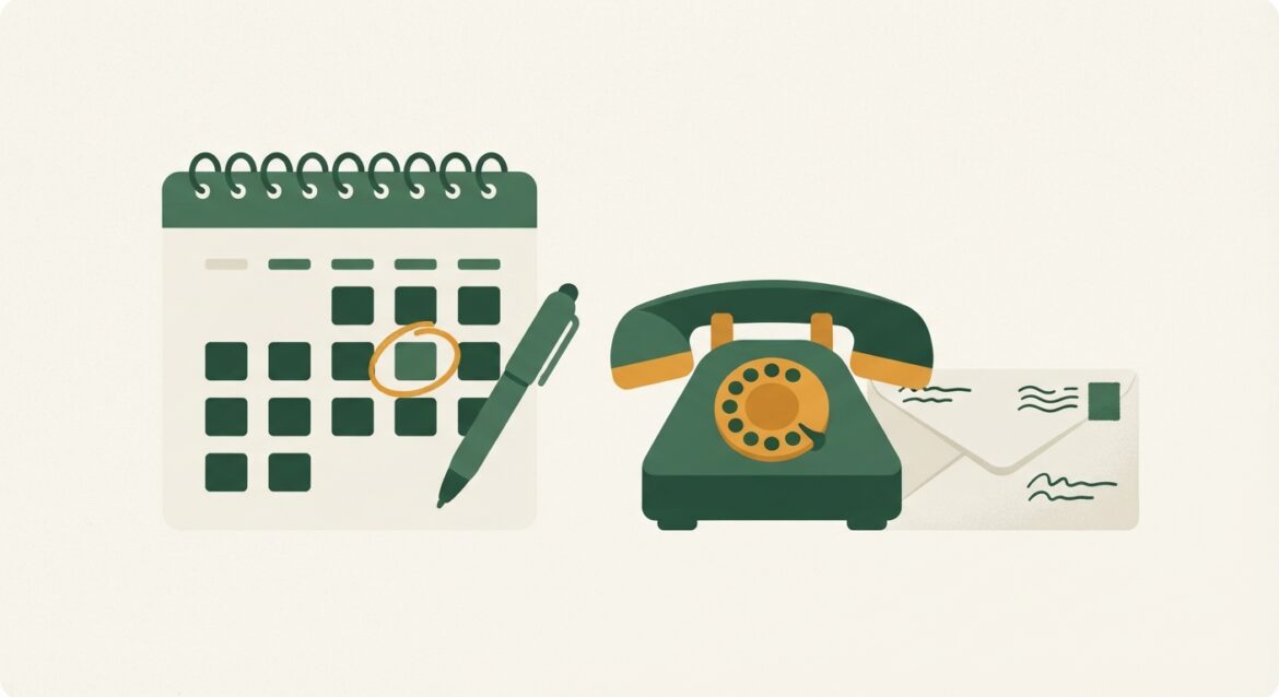 A calendar with a specific date circled next to a phone and a household bill, suggesting timing a call