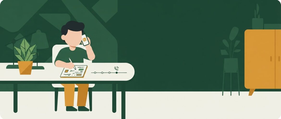 A person on a phone call taking notes on a notepad with a second call icon or timeline sketched beside them