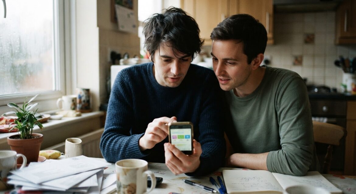 two people looking at a phone together, one showing a referral offer screen to the other